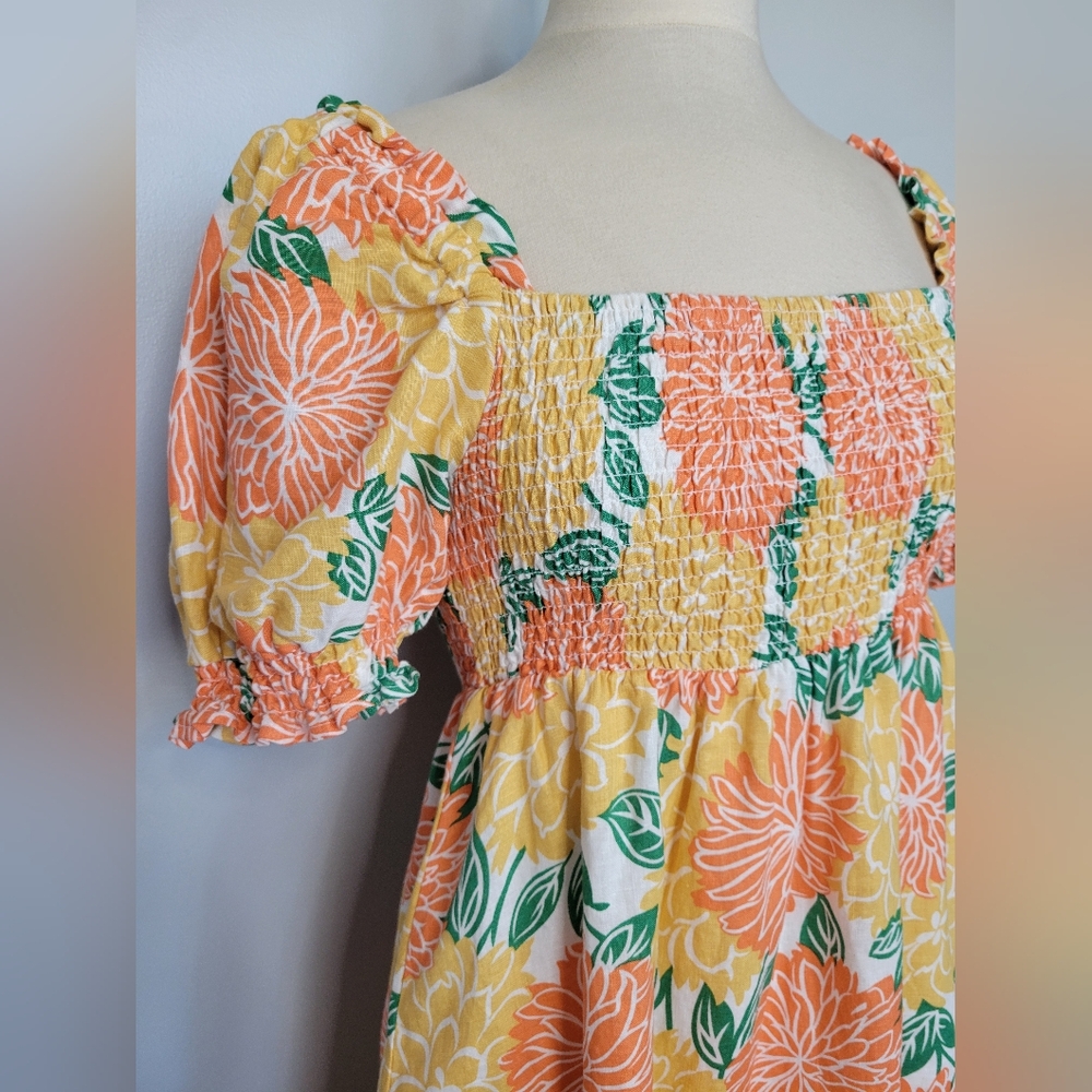 House of Harlow 1960 Linen Babydoll Floral Smocked Puff Sleeve Dress SZ M - Picture 7 of 9